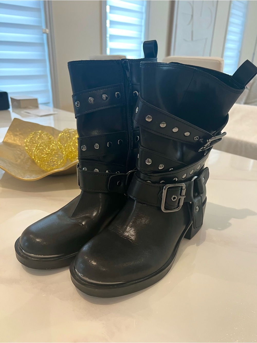 Black Leather biker style boots 10